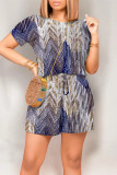 Light Blue Casual Street Geometric Print Draw String Pocket Contrast O Neck Loose Rompers