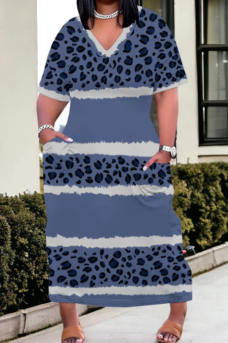 Gray Blue Street Print Pocket Patchwork V Neck Straight Plus Size Dresses