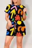 Multicolor Casual Geometric Print Letter Print Pocket Contrast O Neck Loose Rompers