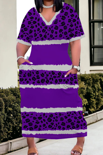 Purple Street Print Pocket Patchwork V Neck Straight Plus Size Dresses