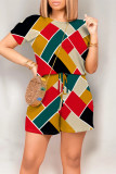 Multicolor Casual Geometric Print Letter Print Pocket Contrast O Neck Loose Rompers