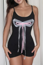 Black Sexy Print Patchwork Backless Bow Decor Spaghetti Strap Skinny Rompers