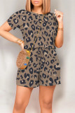 Grey Casual Leopard Print Draw String Pocket O Neck Loose Rompers