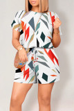 Multicolor Casual Geometric Print Letter Print Pocket Contrast O Neck Loose Rompers