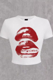 White Casual Print Patchwork O Neck T-Shirts