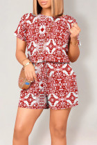Red Casual Street National Totem Print Draw String Pocket O Neck Loose Rompers
