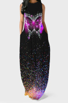 Black Casual Street Leopard Print Lips Print Pocket Contrast O Neck Vest Dresses