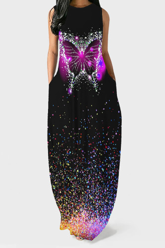 Black Casual Street Leopard Print Lips Print Pocket Contrast O Neck Vest Dresses