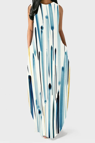 Blue White Casual Daily Striped Print Pocket Contrast O Neck Vest Dresses