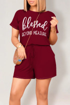 Burgundy Casual Daily Letter Print Pocket Lace Up O Neck Loose Rompers