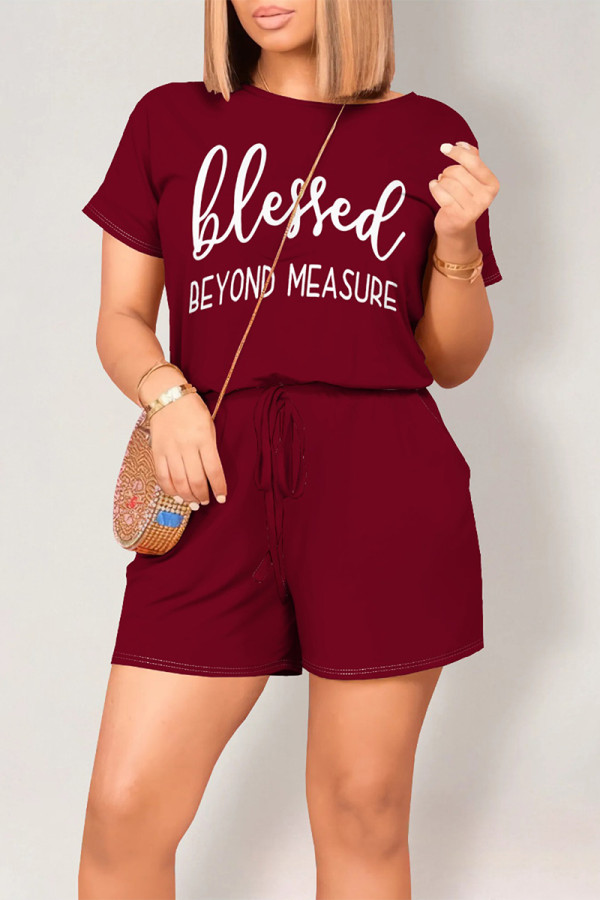Burgundy Casual Daily Letter Print Pocket Lace Up O Neck Loose Rompers