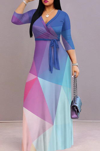 Blue Elegant Print Patchwork Strap Design V Neck Long Dresses