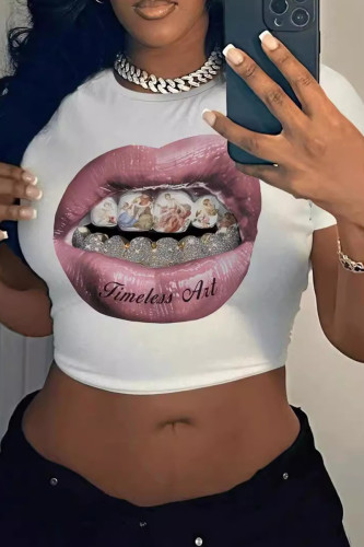 White Casual Print Patchwork O Neck T-Shirts