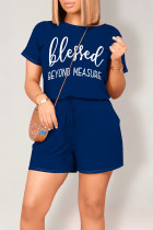 Blue Casual Daily Letter Print Pocket Lace Up O Neck Loose Rompers