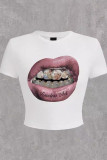 White Casual Print Patchwork O Neck T-Shirts
