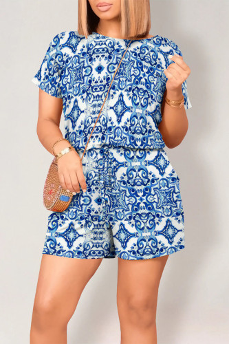 Blue Casual Street National Totem Print Draw String Pocket O Neck Loose Rompers