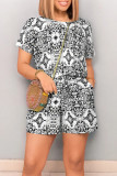 Green Casual Street National Totem Print Draw String Pocket O Neck Loose Rompers