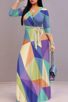 Multicolor Elegant Print Patchwork Strap Design V Neck Long Dresses