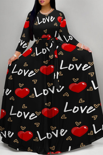 Black Elegant Gradient Print Camouflage Print Letter Print Faux Denim Print Lace Up Contrast O Neck Printed Dresses