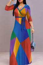 Yellow And Blue Elegant Print Patchwork Strap Design V Neck Long Dresses