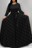 Ink Green Elegant Polka Dot Patchwork Strap Design O Neck Long Dresses