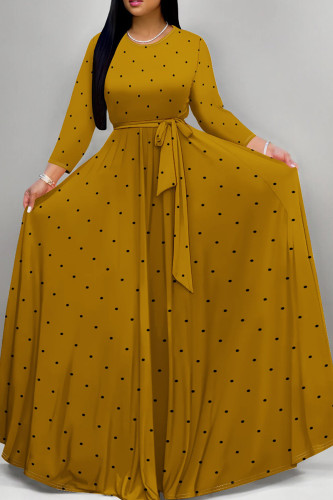 Earth Yellow Elegant Polka Dot Patchwork Strap Design O Neck Long Dresses
