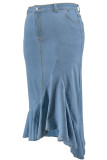 Light Blue Street Solid Color Buttons Patchwork Zipper Ruffled Trim Wrapped Skirt Plus Size 