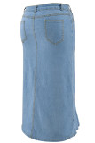 Light Blue Street Solid Color Buttons Patchwork Zipper Ruffled Trim Wrapped Skirt Plus Size 