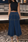 Deep Blue Street Solid Color Pocket Buttons Patchwork Zipper A Line Plus Size 