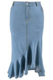 Light Blue Street Solid Color Buttons Patchwork Zipper Ruffled Trim Wrapped Skirt Plus Size 