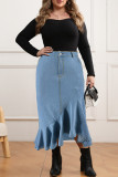 Light Blue Street Solid Color Buttons Patchwork Zipper Ruffled Trim Wrapped Skirt Plus Size 