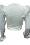 White Street Solid Color Patchwork Feathers O Neck Tops