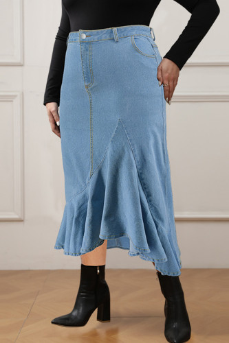 Light Blue Street Solid Color Buttons Patchwork Zipper Ruffled Trim Wrapped Skirt Plus Size 
