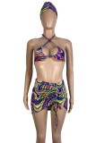 Green Sexy Print Hollow Out Draw String Patchwork Backless 4 Piece Sets