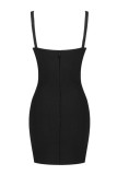 Black Sexy Party Solid Color Backless Spaghetti Strap Wrapped Skirt Dresses
