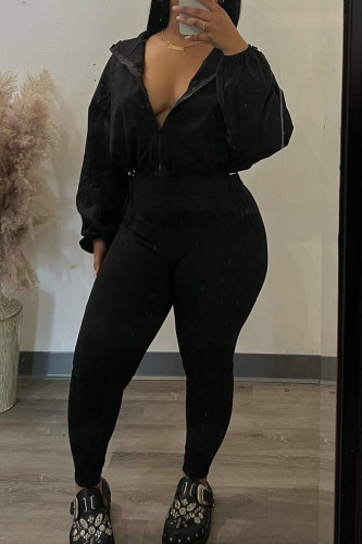 Black Casual Draw String Zipper Turndown Collar Long Sleeve Crop Jacket And Skinny Pants Two Pieces Jogger Sets