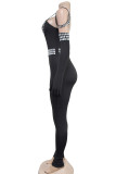 Black Elegant Patchwork Backless Hot Drill Square Neck Skinny Jumpsuits