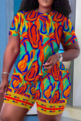 Red Casual Print Basic O Neck Short Sleeve Two Pieces