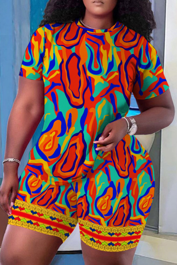 Red Casual Print Basic O Neck Short Sleeve Two Pieces