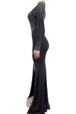 Black Elegant Solid Color Patchwork High Slit Hot Drill O Neck Long Dresses