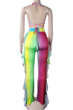 Blue Street Gradient Color Patchwork Backless Strap Design Ruffled Trim Spaghetti Strap Three Pieces