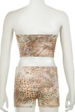 Khaki Sexy Print Patchwork Backless Strapless Sleeveless Two Pieces