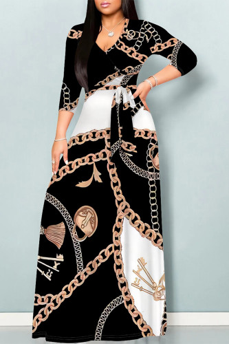 Black And White Elegant National Totem Chain print Lace Up Contrast V Neck Printed Dresses