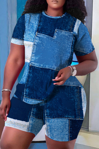 Blue Casual Print Basic O Neck Short Sleeve Two Pieces