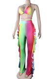 Blue Street Gradient Color Patchwork Backless Strap Design Ruffled Trim Spaghetti Strap Three Pieces