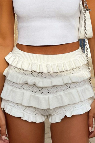 White Sexy Solid Color Patchwork Ruffled Trim Regular Mid Waist Patchwork Bottoms
