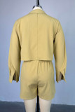 Yellow Casual Solid Color Lace Up Buckle Patchwork Turndown Collar Long Sleeve Two Pieces