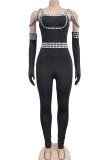 Black Elegant Patchwork Backless Hot Drill Square Neck Skinny Jumpsuits