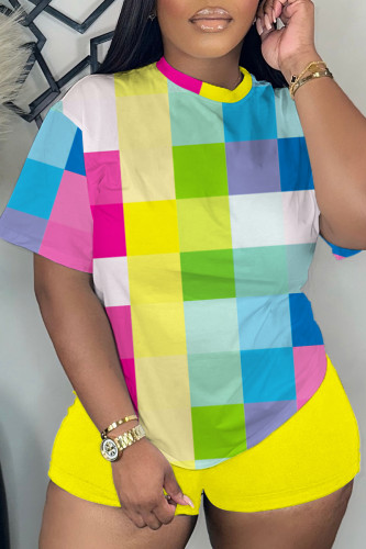Yellow Print Basic O Neck Short Sleeve Two Pieces