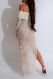 White Elegant Solid Color Patchwork Backless High Slit Off Shoulder Long Dresses
